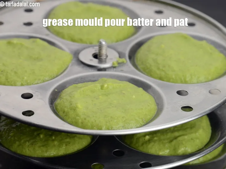 Step 15 – Grease an idli mould with a little oil, pour spoonfuls of the batter into the …