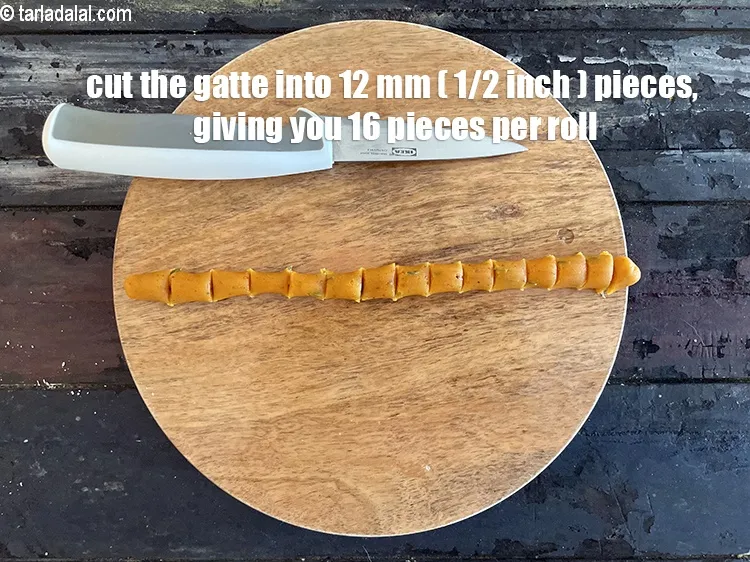 Step 15 – <meta charset="UTF-8" /> Cut the gatte&nbsp;into 12 mm. (&frac12;&quot;) long pieces. Keep aside. Each rolled …