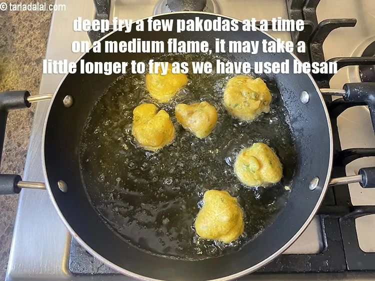 Step 15 – Deep-fry a few pakodas at a time on a medium flame. Since these are besan …