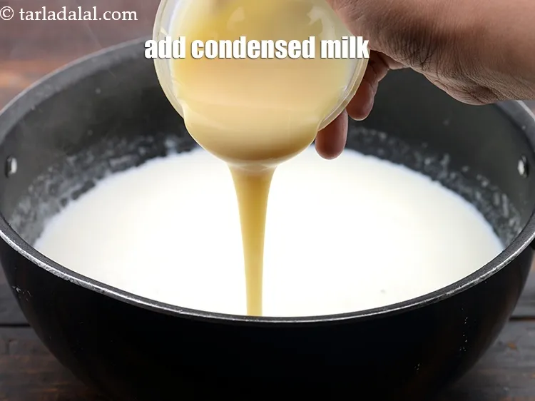 Step 15 – Add 1/2 cup&nbsp;<a href="https://www.tarladalal.com/glossary-condensed-milk-672i">condensed milk</a>.<br /> .