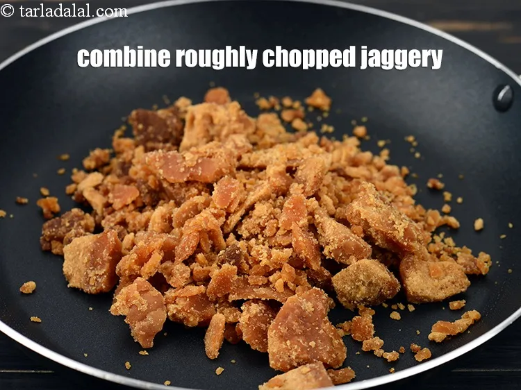 Step 15 – Meanwhile combine 1 cup&nbsp;roughly&nbsp;<a href="https://www.tarladalal.com/glossary-chopped-jaggery-946i">chopped jaggery (gur)</a>.&nbsp;
