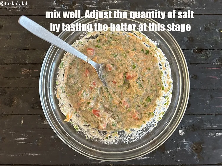 Step 16 – Mix well.&nbsp;Adjust the amount of salt by tasting the batter at this stage.