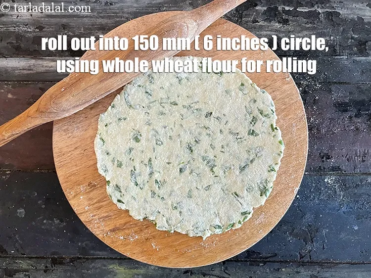 Step 16 – Roll out each portion into 150 mm (6&rdquo;) diameter circle, using a little whole wheat …