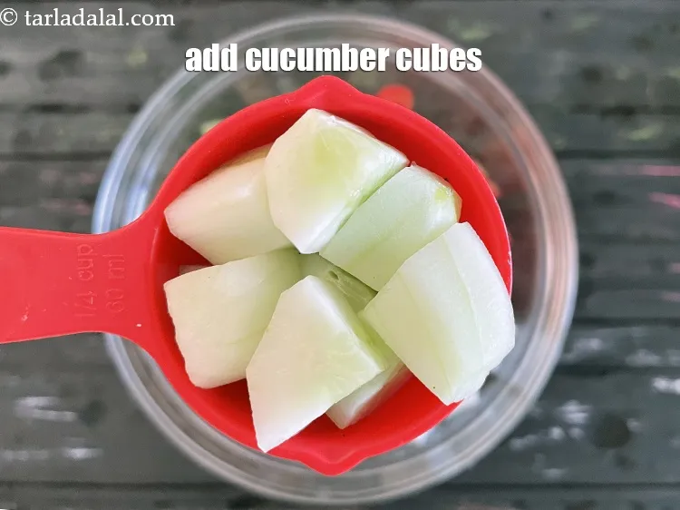 Step 24 – Add&nbsp;<meta charset="UTF-8" />1/4 cup&nbsp;<a href="glossary-cucumber-cubes-726i">cucumber cubes</a>.