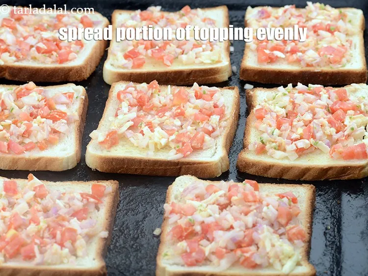 Step 15 – Spread a portion of the topping evenly on each baked bread slice.