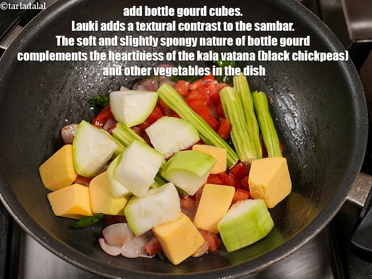 Step 16 – Add &frac14; cup <a href="https://www.tarladalal.com/glossary-bottle-gourd-cubes-1336i">bottle gourd (doodhi / lauki) cubes</a>. Lauki adds a textural contrast …
