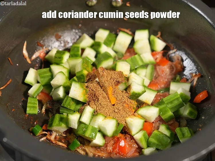 Step 16 – Add 2 tsp <a href="https://www.tarladalal.com/glossary-coriander-dhania-kothmir-369i">coriander (dhania)</a>&nbsp;<a href="https://www.tarladalal.com/glossary-cumin-seeds-powder-jeera-powder-zeera-powder-382i">cumin seeds (jeera) powder</a>.&nbsp;