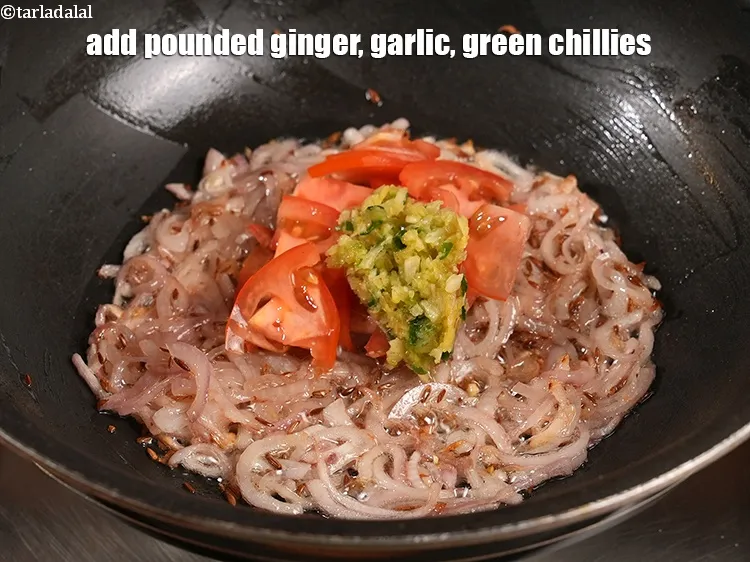 Step 16 – Add pounded ginger, garlic, green chillies.