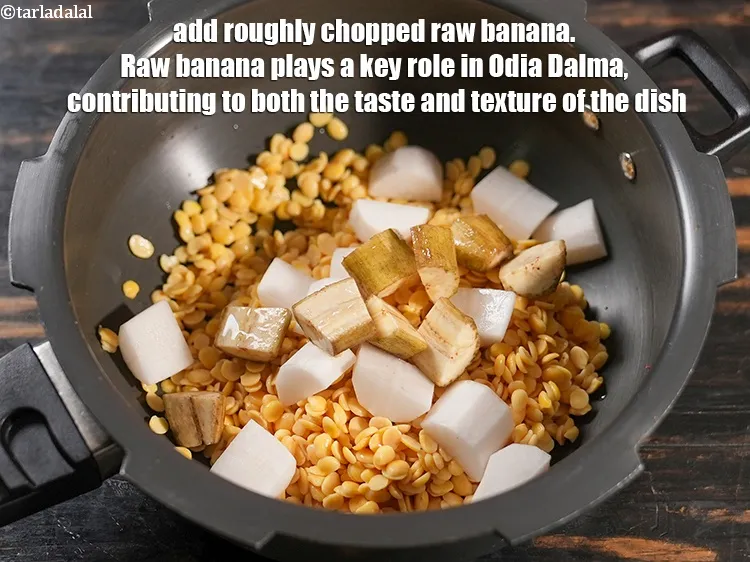 Step 16 – Add &frac14; cup roughly <a href="https://www.tarladalal.com/glossary-chopped-raw-banana-1791i">chopped raw banana</a>. Raw banana plays a key role in …