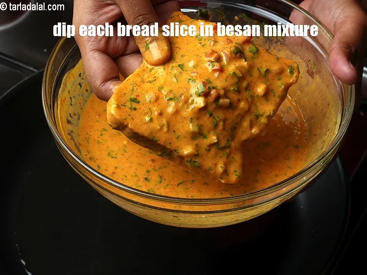 Step 17 – Dip each bread slice in the besan mixture.