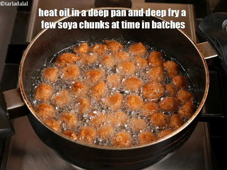 Step 16 – Heat oil in a deep pan and deep fry a few soya chunks at time …