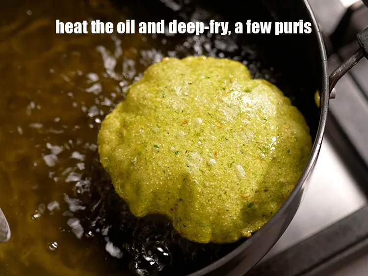 Step 16 – Heat the oil in a deep non-stick kadhai and deep-fry, a few puris at a …
