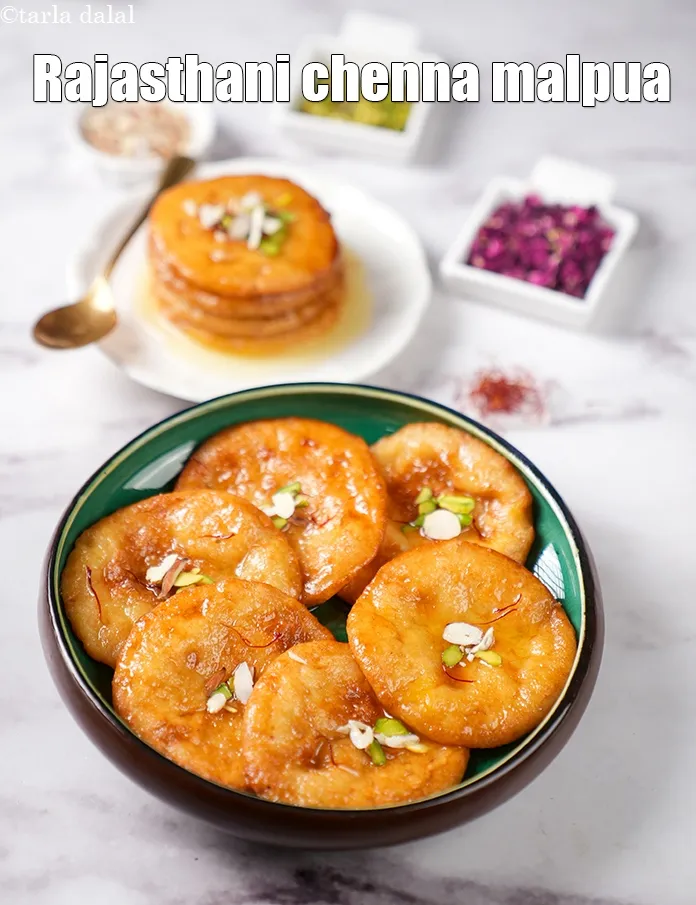 Step 28 – Serve <meta charset="UTF-8" /><strong>Chenna malpuas | Rajasthani chenna malpua | chhanar malpua |&nbsp;</strong> hot garnished …