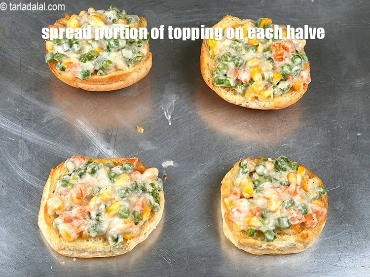 Step 17 – Spread a portion of the topping evenly on each bread halve.