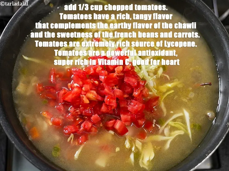 Step 22 – Add&nbsp;<meta charset="UTF-8" />1/3 cup&nbsp;<a href="glossary-chopped-tomatoes-779i">chopped tomatoes</a>.&nbsp;Tomatoes have a rich, tangy flavor that complements the earthy …