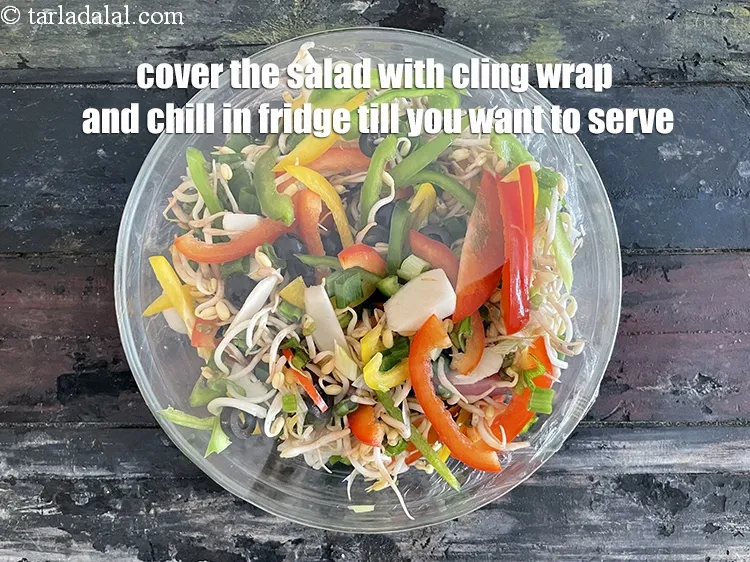 Step 25 – Cover the <strong>&nbsp;healthy Indian mooli and sprouts salad </strong>with cling wrap and chill in fridge …