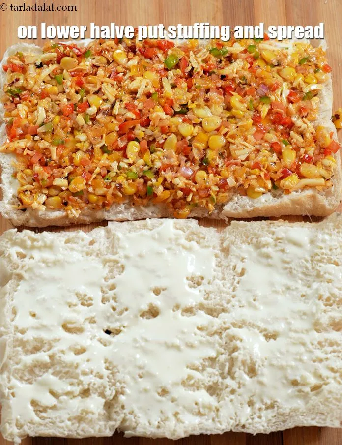 Step 17 – On the lower halve put a portion of the stuffing and spread it evenly.&nbsp;