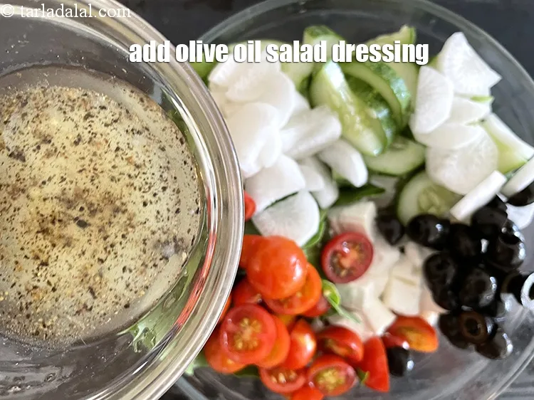 Step 28 – Add the olive oil dressing. ( Note, add the dressing just before serving as we …