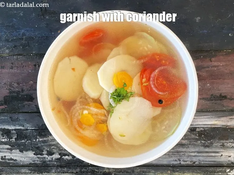 Step 16 – Garnish <strong>quick vegetable broth soup | healthy clear Indian soup | mixed veg clear soup …