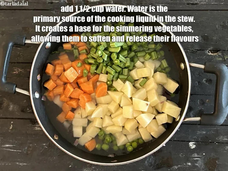 Step 21 – Add&nbsp;1 1/2 cups water.&nbsp;Water is the primary component of the cooking liquid in vegetable stew. …