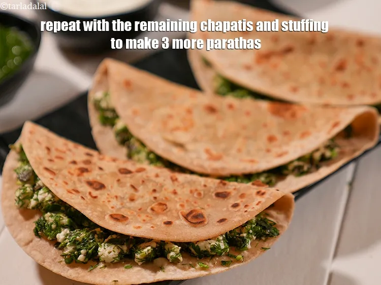 Step 17 – Repeat with the remaining chapatis and stuffing to make 3 more parathas.