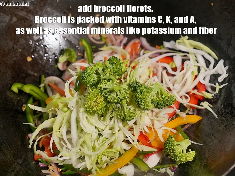 Step 20 – Add &frac14; cup <a href="https://www.tarladalal.com/glossary-broccoli-florets-977i">broccoli florets</a>. Broccoli is packed with vitamins C, K, and A, …