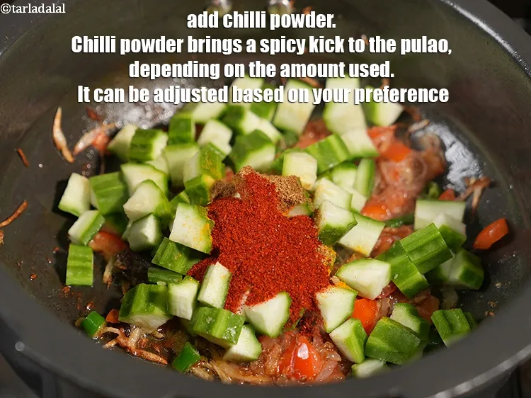 Step 17 – Add 1 tsp <a href="https://www.tarladalal.com/glossary-chilli-powder-red-chilli-powder-339i">chilli powder</a>. Chilli powder brings a spicy kick to the pulao, …