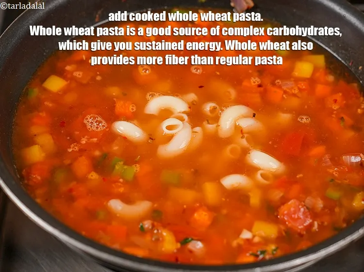 Step 17 – Add &frac12; cup <a href="https://www.tarladalal.com/glossary-cooked-whole-wheat-pasta-2196i">cooked whole wheat pasta</a>. Whole wheat pasta is a good source …