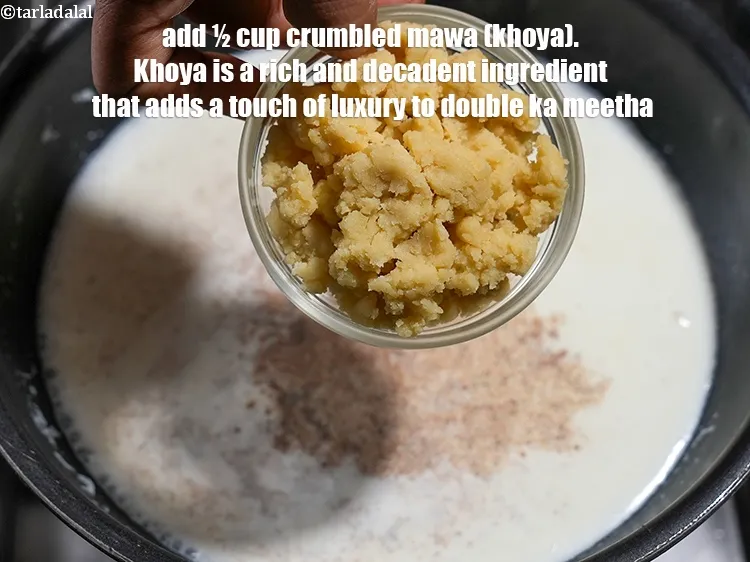 Step 17 – Add &frac12; cup <a href="https://www.tarladalal.com/glossary-crumbled-mawa-2259i">crumbled mawa (khoya)</a>.&nbsp;Khoya is a rich and decadent ingredient that adds …