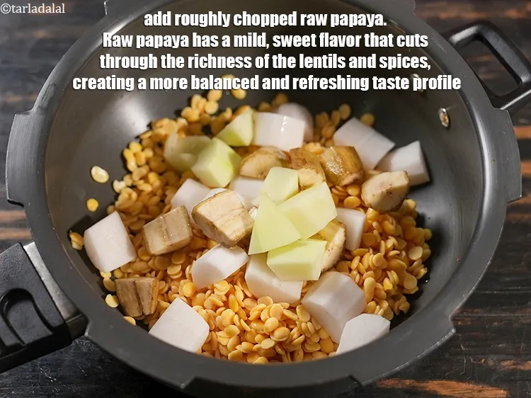 Step 17 – Add &frac14; cup roughly <a href="https://www.tarladalal.com/glossary-chopped-raw-papaya-2693i">chopped raw papaya</a>. Raw papaya has a mild, sweet flavor …