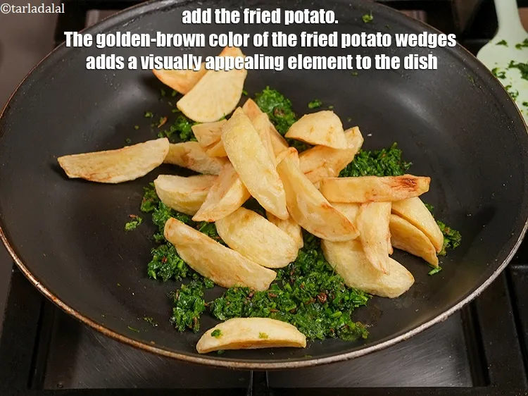 Step 17 – Add the fried potato. The golden-brown color of the fried potato wedges adds a visually …