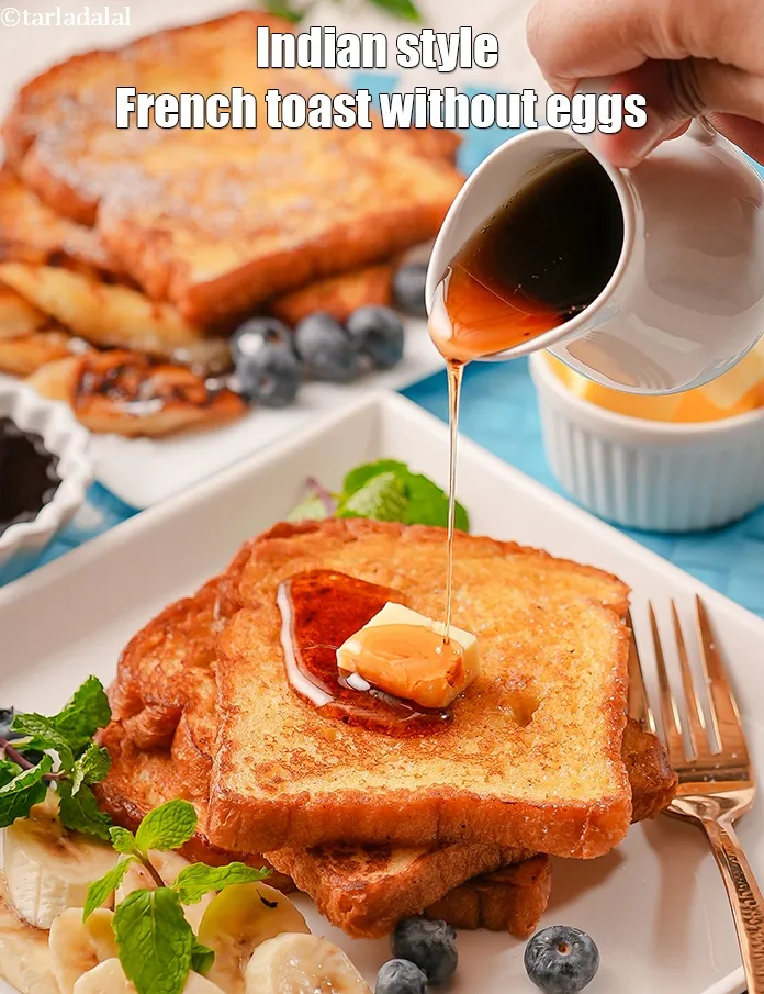 Step 17 – Serve <strong>eggless French toast recipe&nbsp;|&nbsp;Indian style French toast without eggs&nbsp;|&nbsp;custard French toast&nbsp;|</strong> immediately drizzled with …