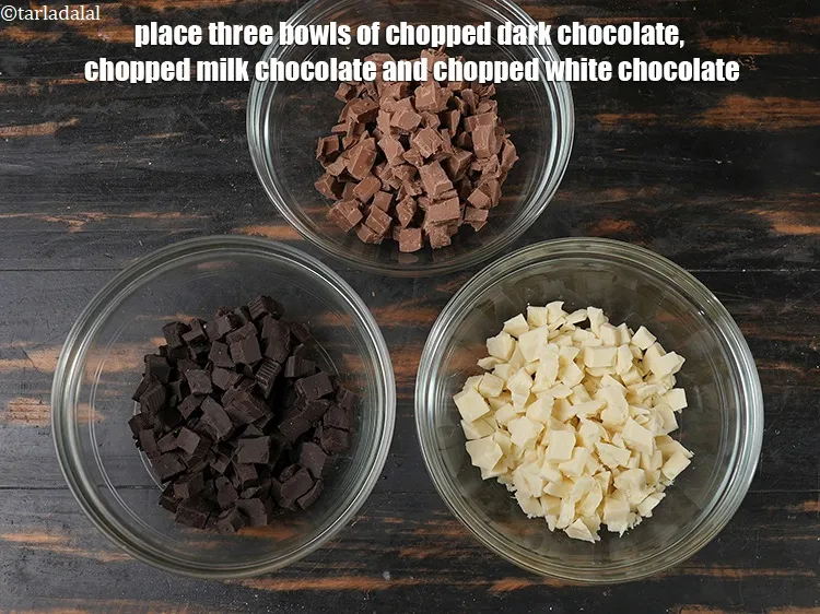 Step 17 – Place three bowls of <a href="https://www.tarladalal.com/glossary-chopped-dark-chocolate-792i">chopped dark chocolate</a>, <a href="https://www.tarladalal.com/glossary-chopped-milk-chocolate-2493i">chopped milk chocolate</a> and <a href="https://www.tarladalal.com/glossary-chopped-white-chocolate-2371i">chopped …