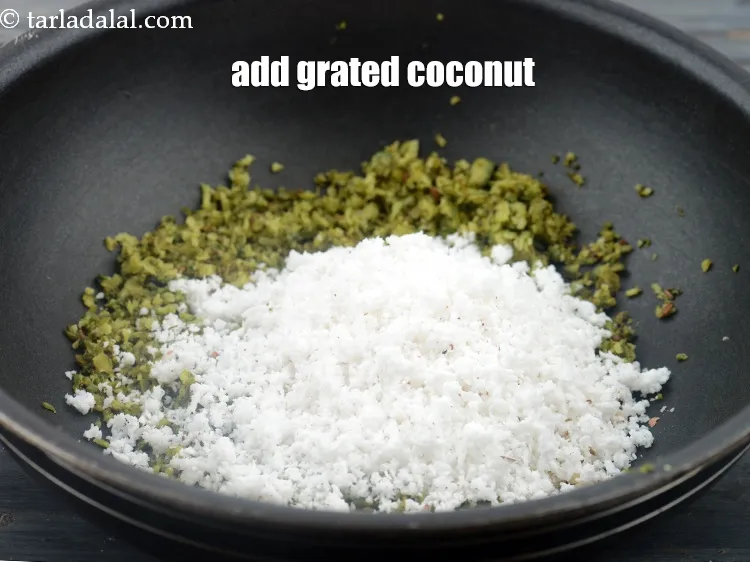 Step 17 – Add 1/2 cup&nbsp;<a href="https://www.tarladalal.com/glossary-grated-coconut-852i">grated coconut</a>. You can also use dry coconut.