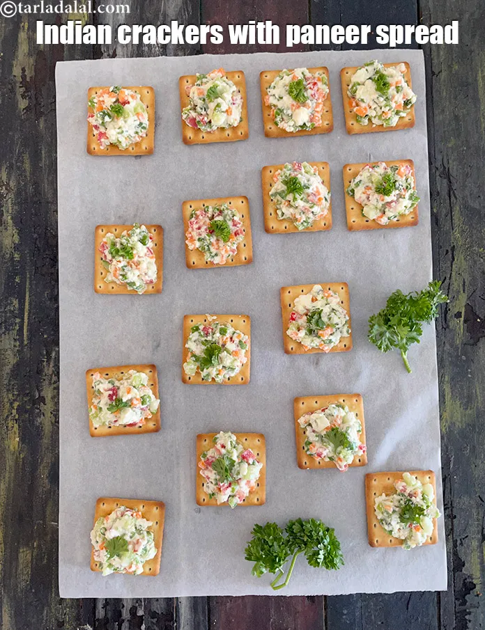 Step 18 – Serve <strong>crackers with paneer and vegetable spread | Indian crackers with paneer spread &nbsp;| no …