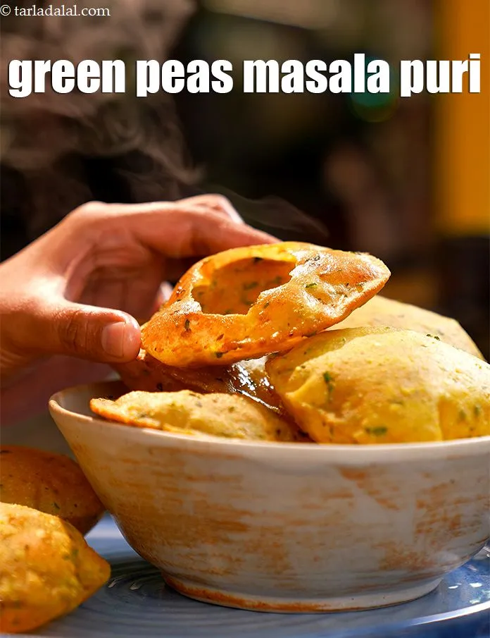 Step 17 – Serve <strong>matar puri</strong> immediately with pickle or raita of your choice.