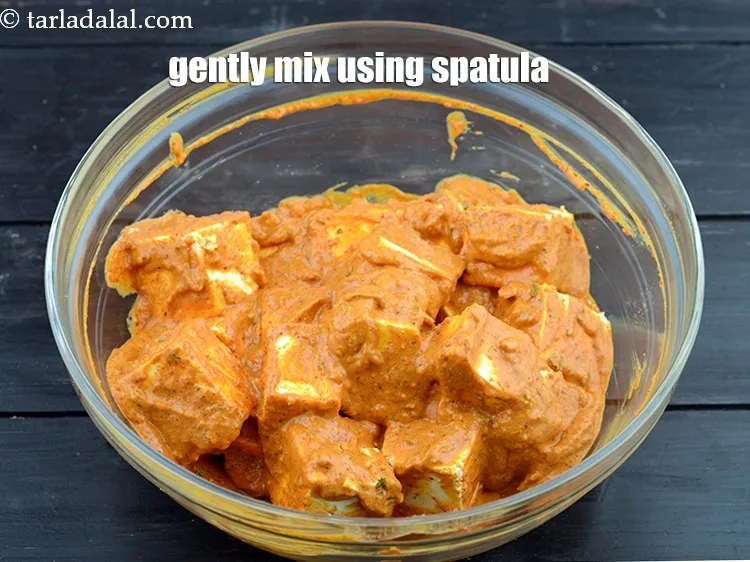 Step 19 – Gently mix and coat paneer cubes using spatula.