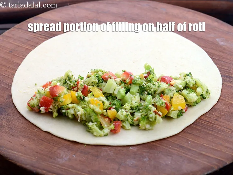 Step 18 – Spread a portion of the filling on half of the roti.