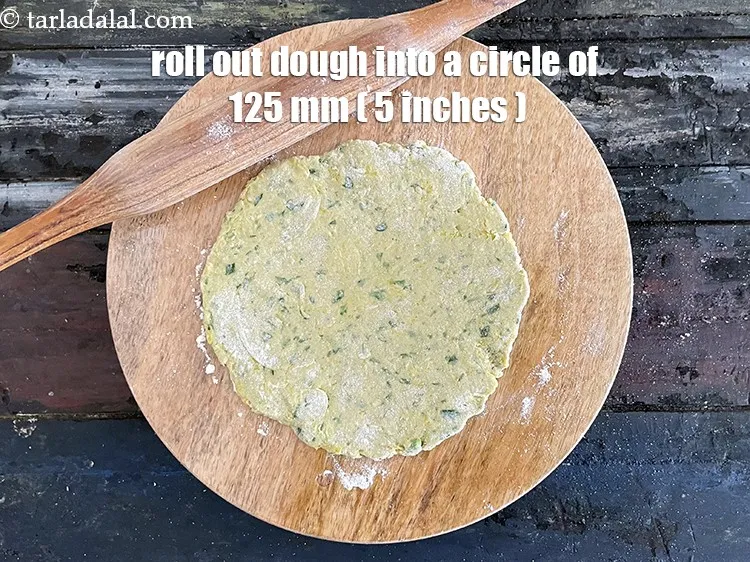 Step 20 – Roll out each portion into 125 mm. (5&quot;) diameter circle using a little whole wheat …