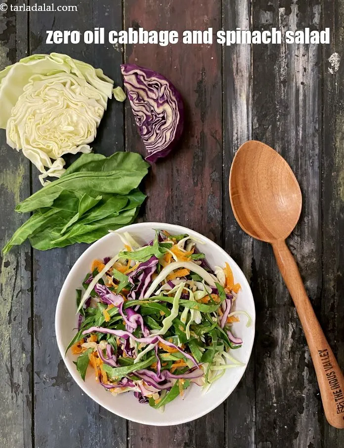 Step 20 – Serve&nbsp;<strong>zero oil cabbage and spinach salad</strong> immediately.