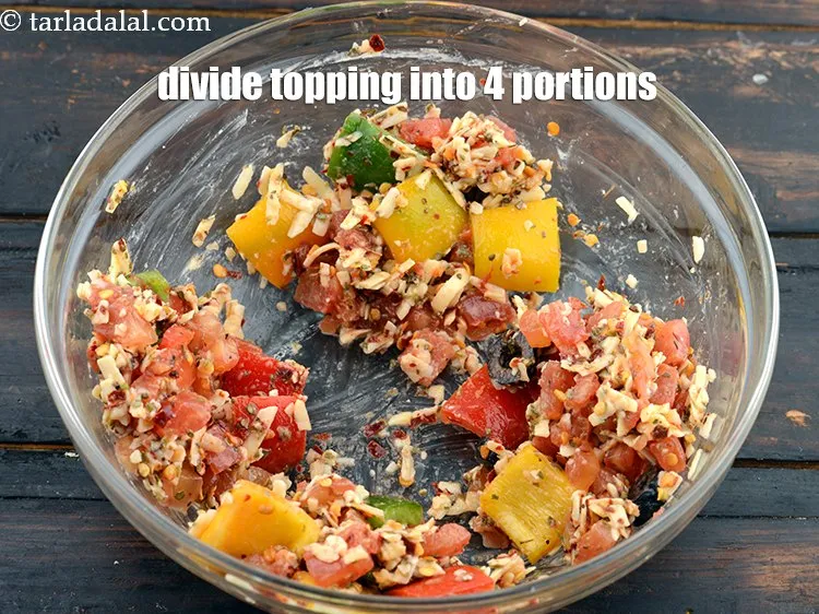 Step 18 – Divide the herb cheesy tomato topping into 4 equal portions and keep aside.