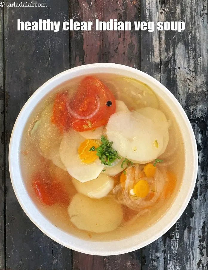 Step 17 – Serve <strong>quick vegetable broth soup | healthy clear Indian soup | mixed veg clear soup …