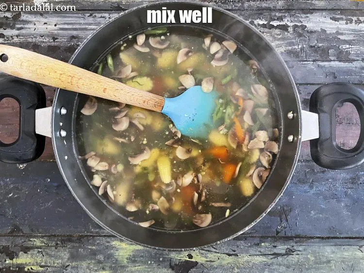 Step 20 – Mix <strong>clear soup with mushroom and baby corn | mushroom baby corn soup | healthy …