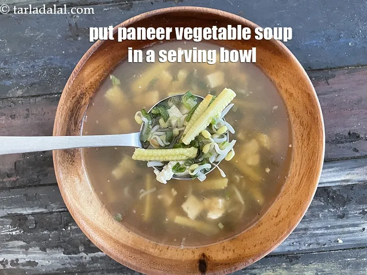 Step 30 – Transfer <strong>paneer bean sprouts and spring onion soup | paneer vegetable soup | healthy Indian …