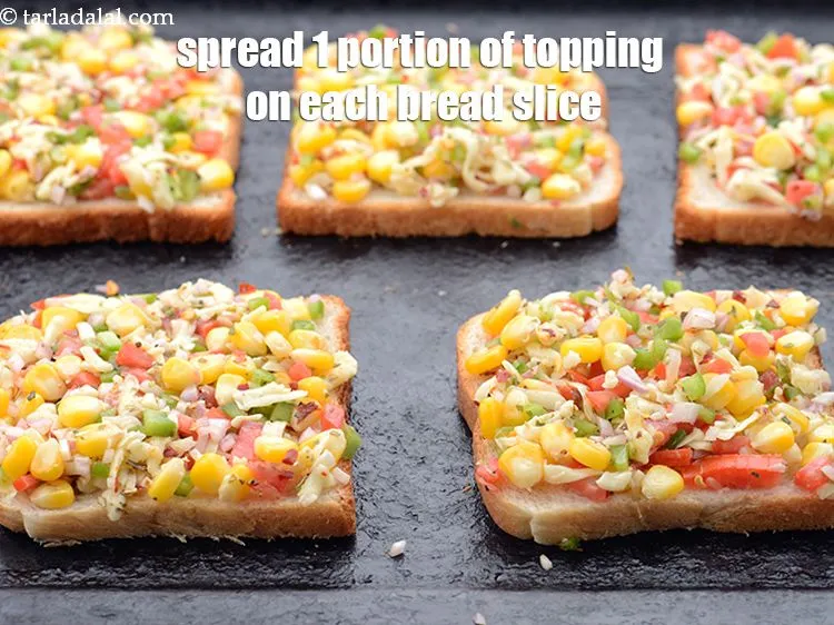 Step 17 – Spread 1 portion of the topping on each bread slice.