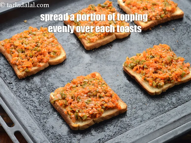 Step 17 – Spread a portion of the mixed vegetable topping evenly over each toasts.&nbsp;