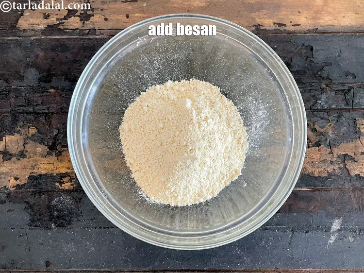 Step 34 – In a glass bowl put&nbsp;<meta charset="UTF-8" />1 cup&nbsp;<a href="glossary-besan-chana-dal-flour-bengal-gram-flour-952i">besan (bengal gram flour)</a>.
