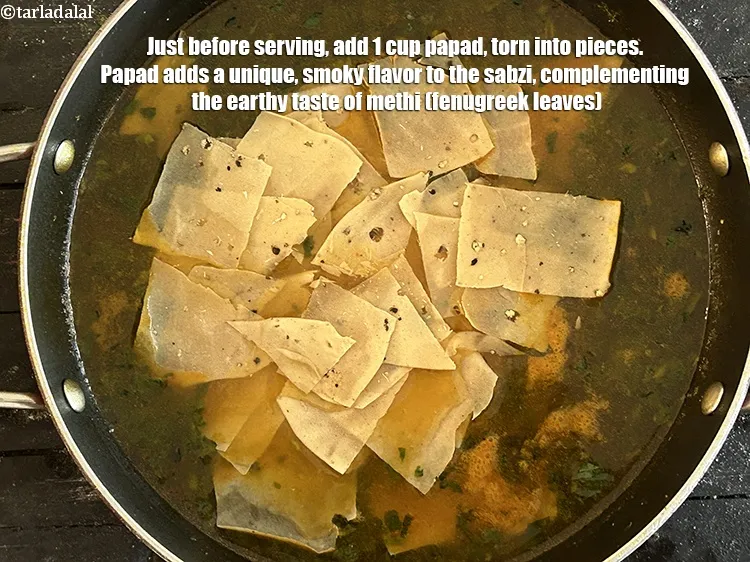 Step 23 – Just before serving, add&nbsp;1 cup&nbsp;<a href="glossary-papad-papadum-562i">papad</a>&nbsp;, torn into pieces.&nbsp;Papad adds a unique,&nbsp;smoky flavor to the …