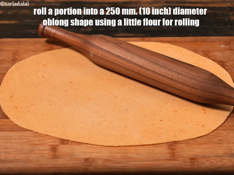 Step 19 – <html><head><meta charset="UTF-8"> </head><body><p>Roll a portion into a 250&nbsp;mm. (10 inch)&nbsp;diameter oblong shape&nbsp;using a little flour …