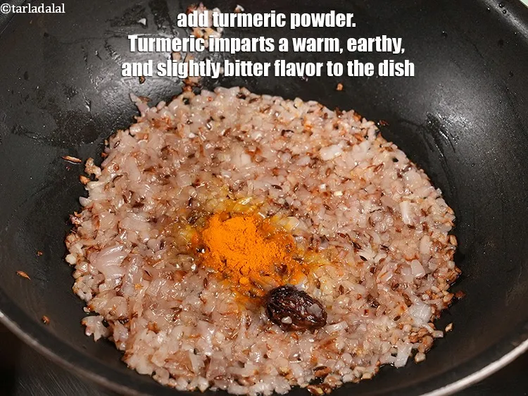 Step 18 – Add &frac12; tsp <a href="https://www.tarladalal.com/glossary-turmeric-powder-haldi-645i">turmeric powder (haldi)</a>. Turmeric imparts a warm, earthy, and slightly bitter …
